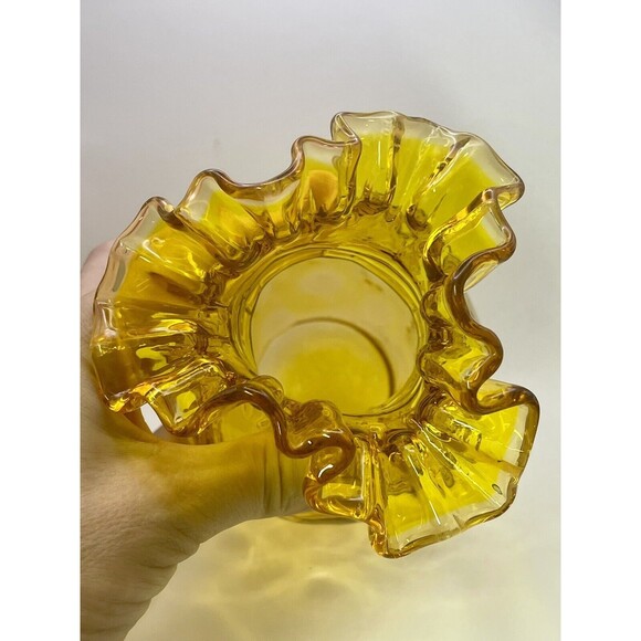 Fenton Amber Glass Coin Dot Pinched Double Ruffle Top Vase - Picture 4 of 6
